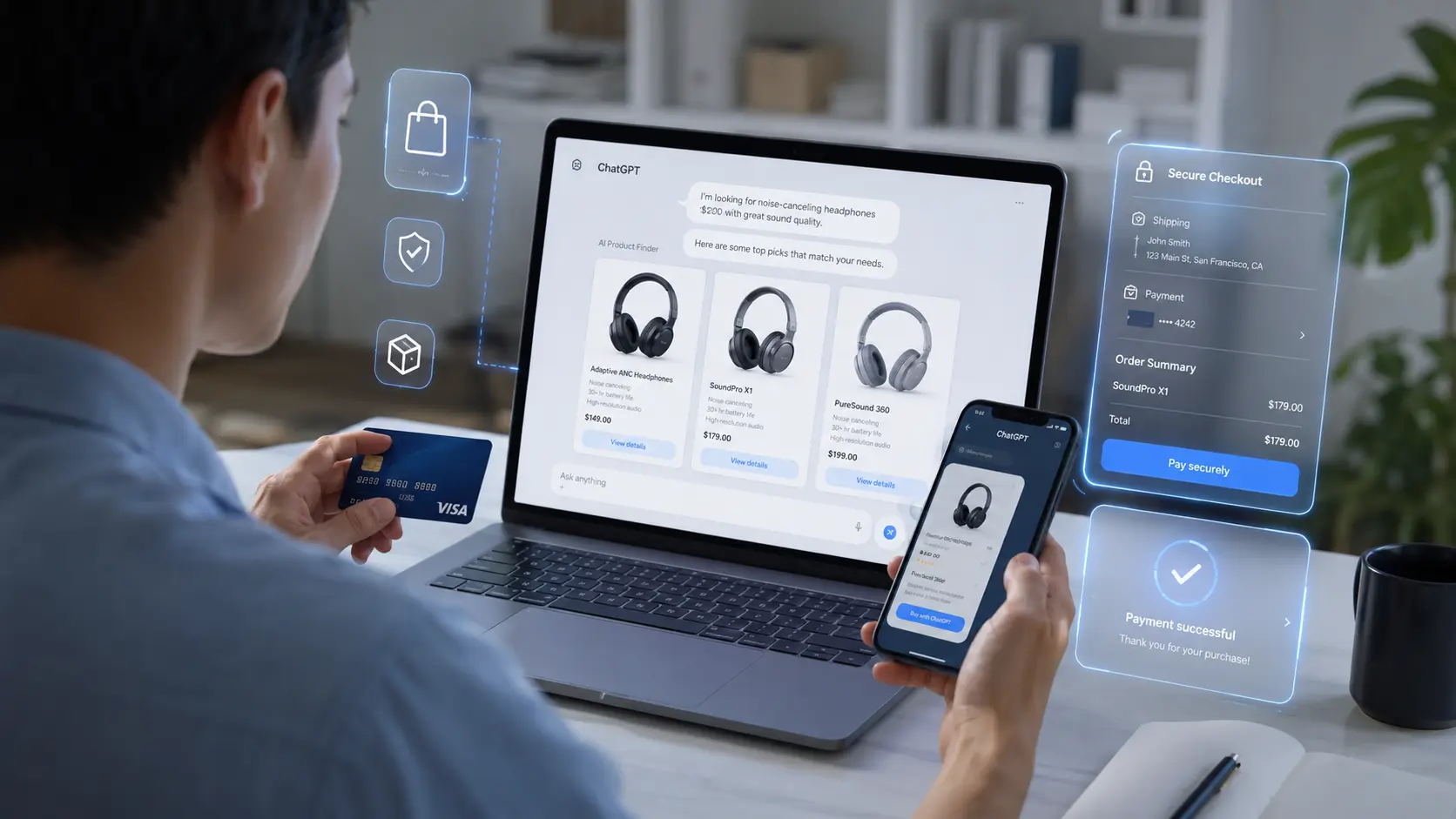 AI shopping agent completing a secure online purchase through ChatGPT with Visa payment support.