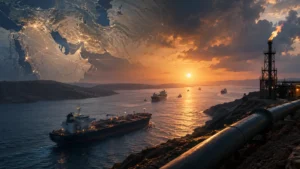 Strait of Hormuz at sunset with cargo ships, showing global trade and Middle East tension.