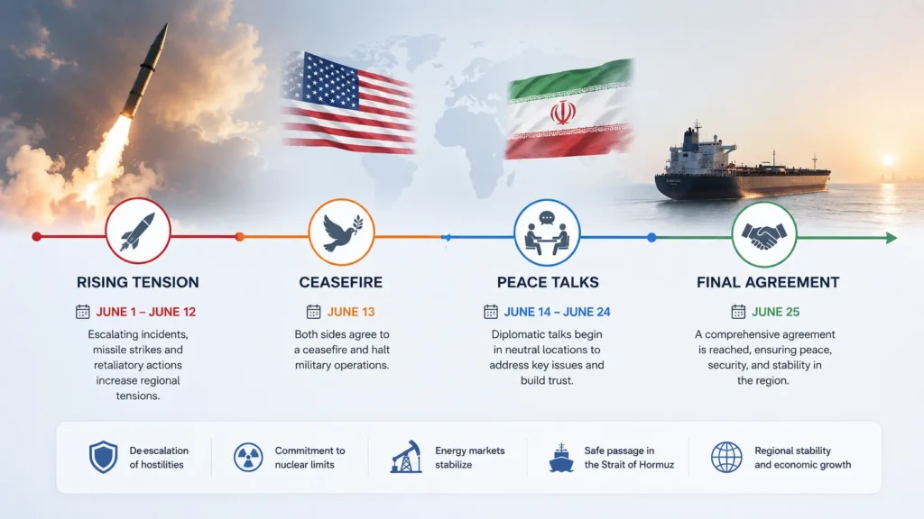Political timeline showing tension, ceasefire, peace talks, and agreement between the US and Iran.