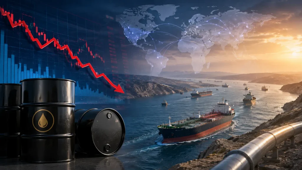 Oil barrels, a market chart, and shipping lanes showing the economic impact of the US-Iran peace deal.