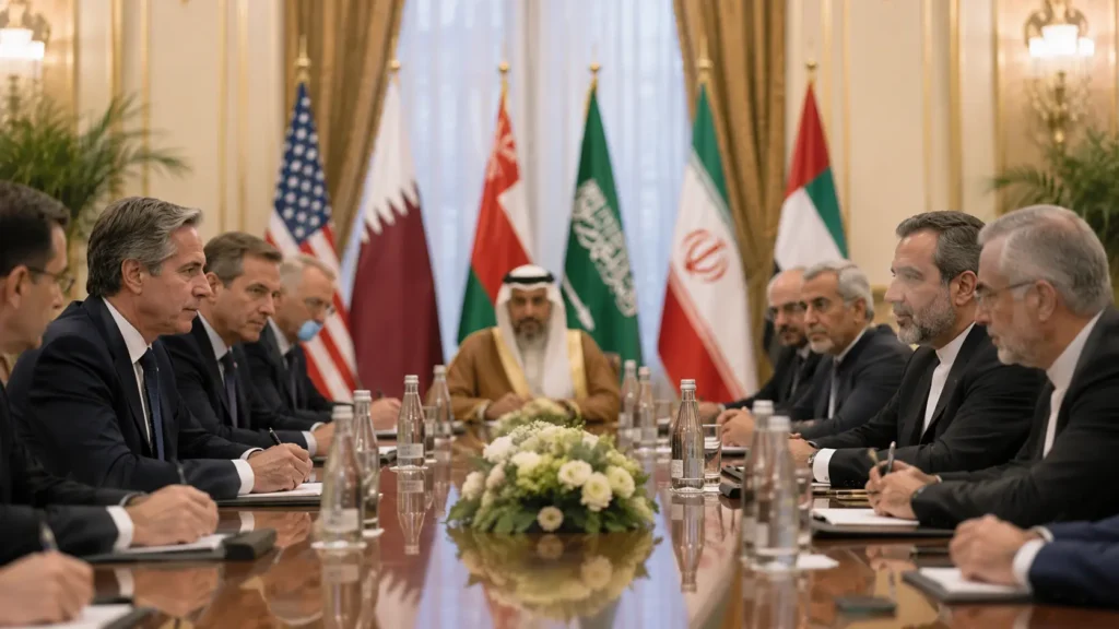 Diplomatic meeting with US, Iran, and mediator representatives discussing peace talks.