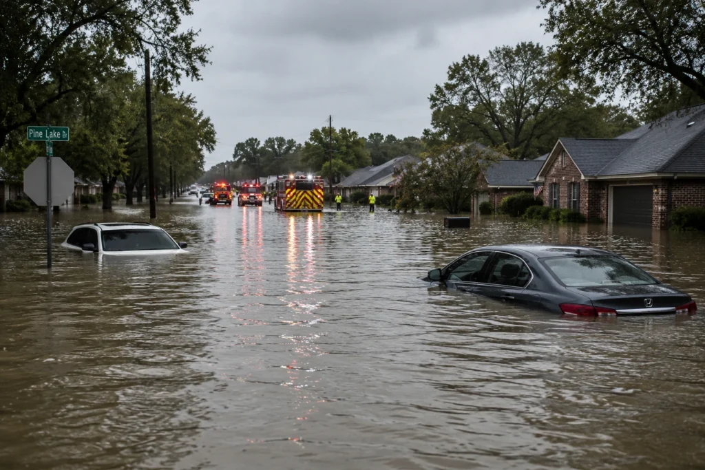 Flooded homes and streets in Texas caused by Tropical Storm Arthur 2026