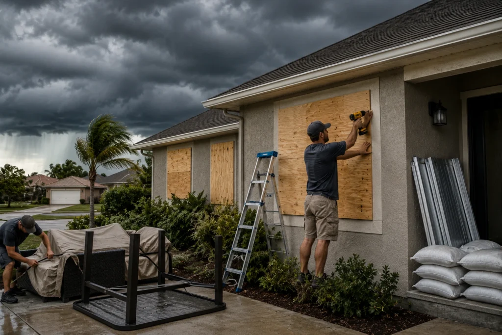 Homeowner securing property before tropical storm hurricane season preparation