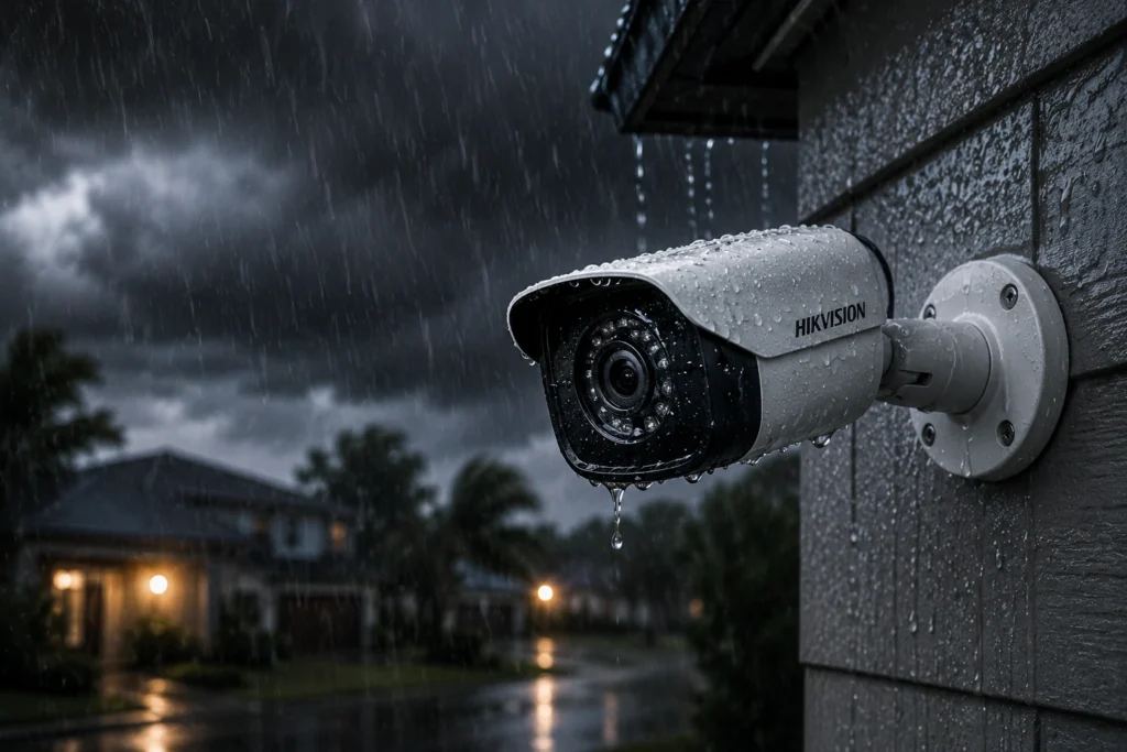 Weatherproof outdoor CCTV security camera protecting home during heavy rain storm
