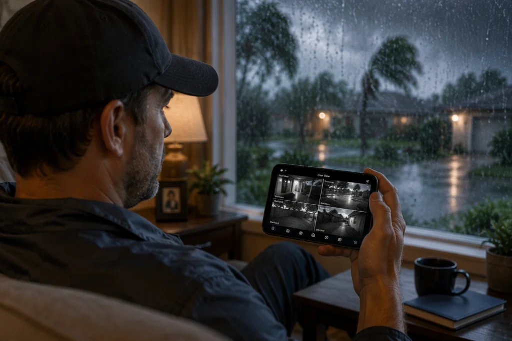 Homeowner monitoring CCTV security cameras remotely on smartphone during storm