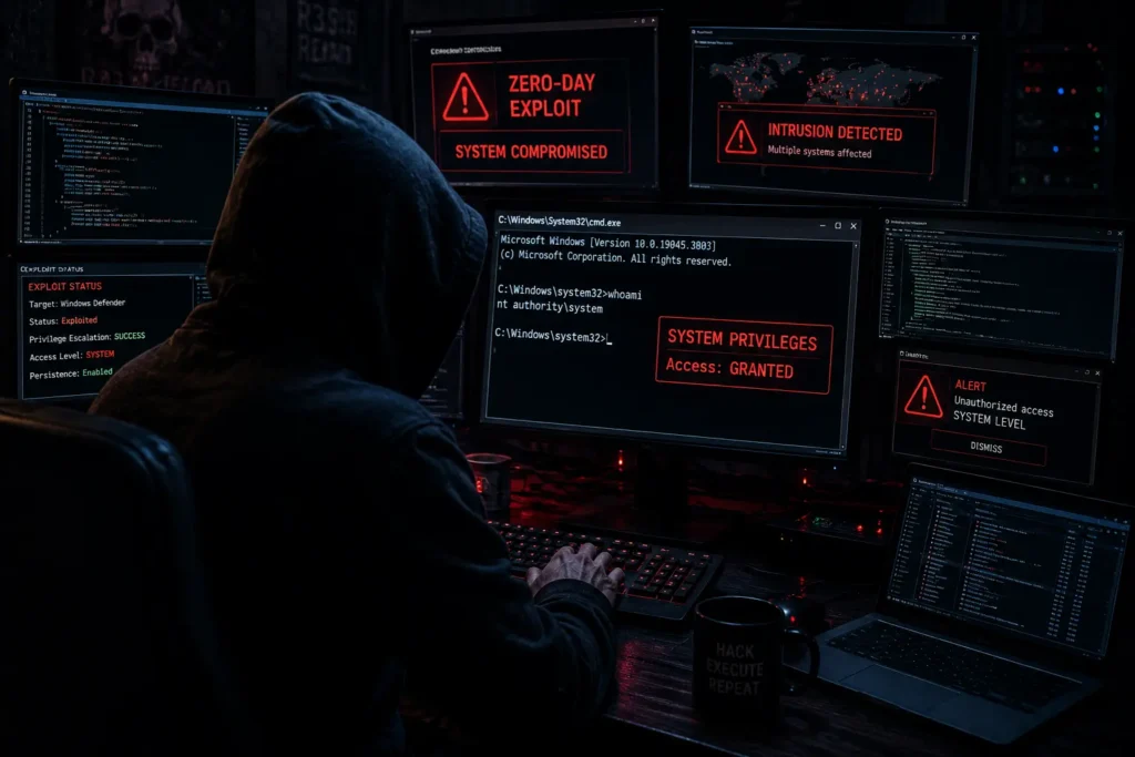 Hacker exploiting Windows zero-day vulnerability to gain system level privileges