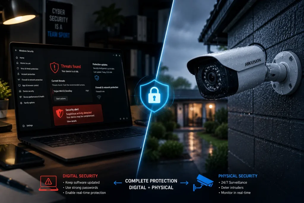 Digital cybersecurity and physical CCTV camera security working together to protect property
