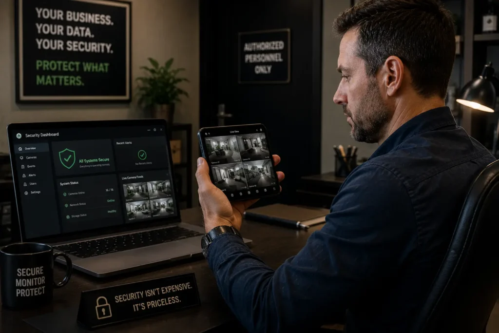 Business owner monitoring CCTV cameras remotely on smartphone for physical security protection