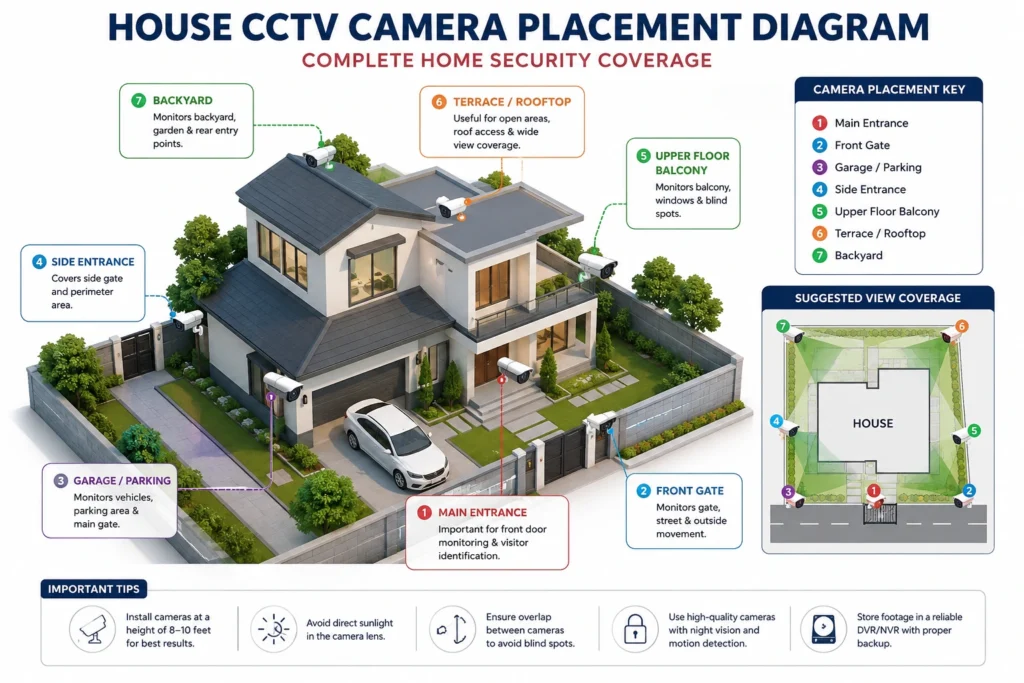 Home CCTV Cameras placement diagram for full coverage