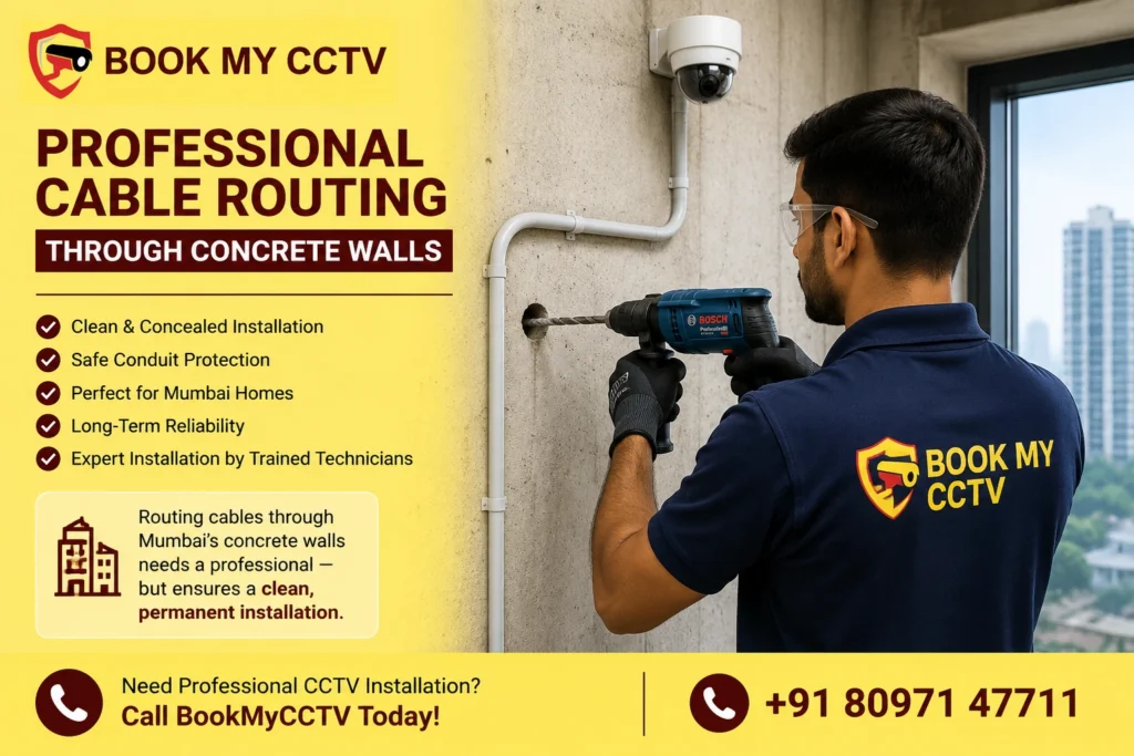 Wireless vs Wired CCTV installation comparison with professional cable routing through a concrete wall