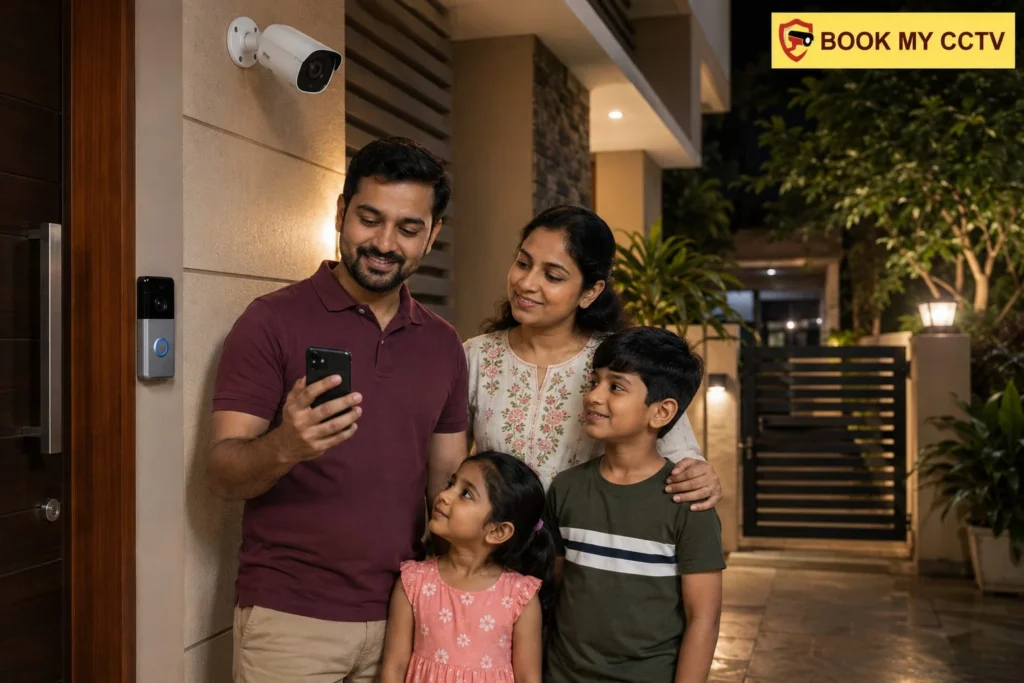 Indian homeowner monitoring CCTV and video doorbell on smartphone