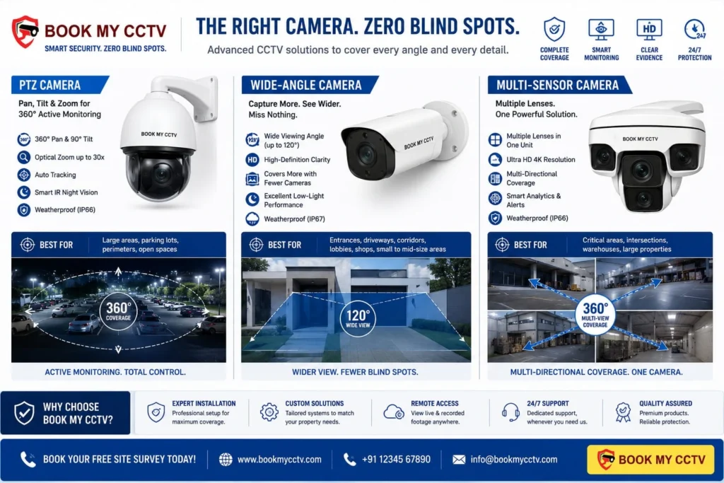 PTZ and wide-angle CCTV cameras for reducing blind spots