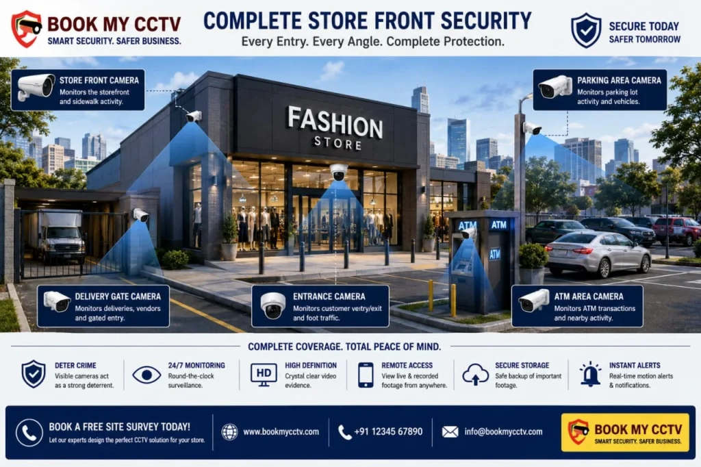 Outdoor CCTV camera locations for shop storefront and parking area