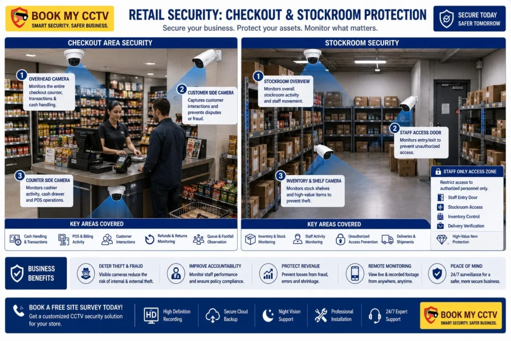 CCTV camera placement at checkout counters and stockrooms